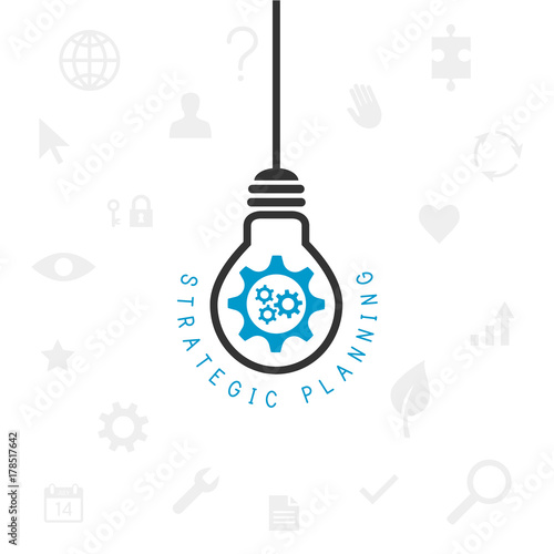 Strategic planning concept with hanging lightbulb and gears inside. Related icons in the background.