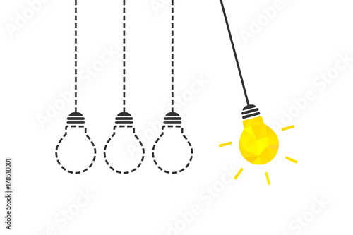 Newton's cradle concept with hanging lightbulb. Bright bulb among rudimentary ones.