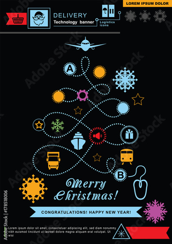  Pathway in the shape of christmas tree. Bright neon christmas logistics icons on the black background. Technology background. Icon of Santa Claus. 