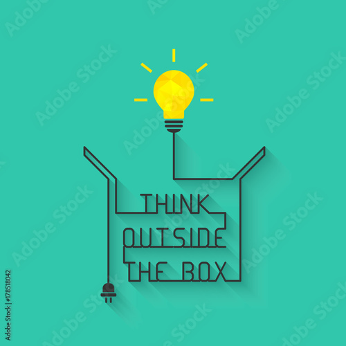Think outside the box concept with light bulb and wire forming the saying and box itself