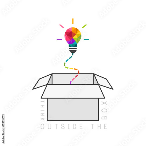 Out of the box thinking concept with colorful low poly light bulb