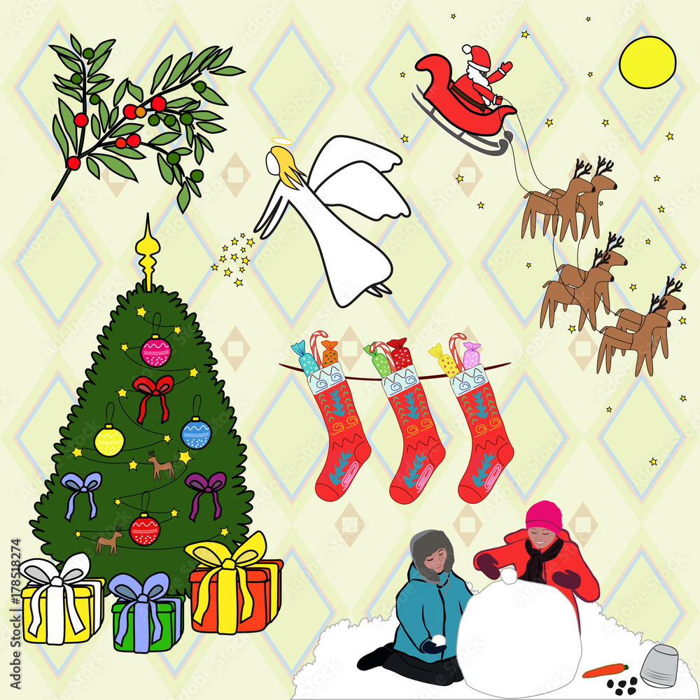 Christmas set with a fir tree, Santa, angel and children molding a snowman