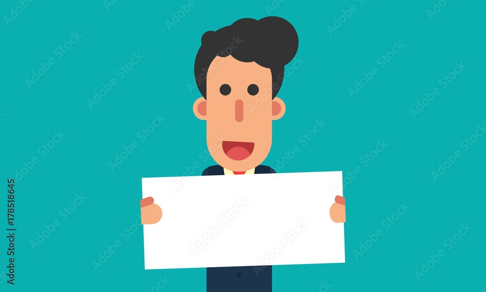 Happy businessman holding empty blank paper vector illustration in flat modern design isolated in turquoise background Happy businessman holding empty blank paper vector illustration in flat modern design isolated in turquoise background