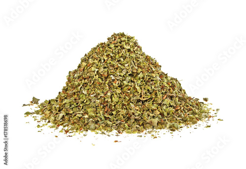 Photos Pile of dried marjoram leaves on a white background
