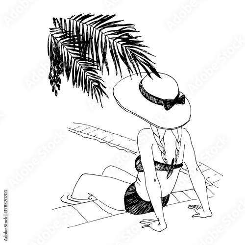 Vector illustration for color book. Back view of fashion woman on summer vacation relaxing at luxury resort spa poolside. Young fashionable lady wearing sun hat. photo