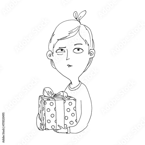 Vector illustration. The boy in brown sweater holds a gift with mistrust
