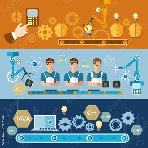 Assembly and production of computers vector banners conveyor belt robots the plant automation vector