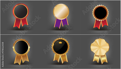 Set of award rosette and gold heraldic medal and insignia .Design elements labels, seal, banner, badge, quality seal,certificate and ornaments.vector photo