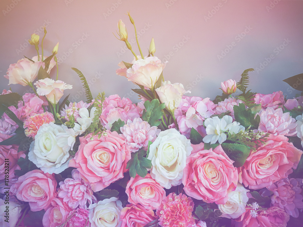 wedding bouquet flower with rose bush ranunculus asiaticus as a background vintage filter