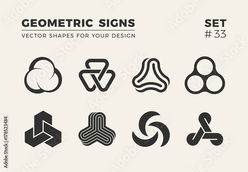 Set of eight minimalistic trendy shapes. Stylish vector logo emblems for Your design. Simple creative geometric signs collection.