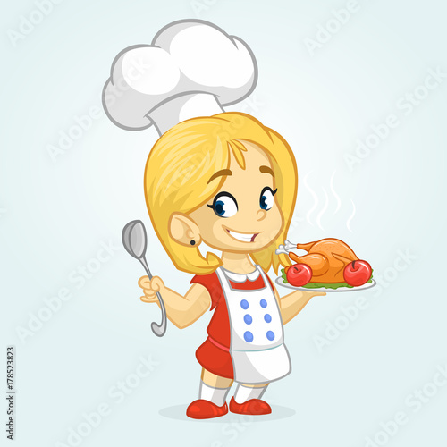 Cartoon cute little blond girl in apron and chef's hat serving roasted thanksgiving turkey dish holding a tray and spoon. Vector illustration isolated. Thanksgiving design