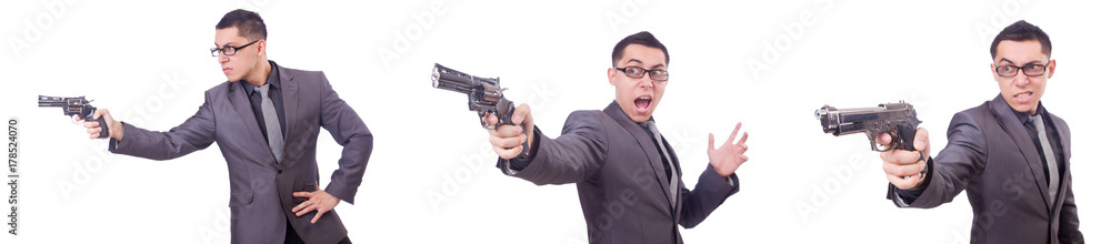 Funny businessman with gun on white Funny businessman with gun on white
