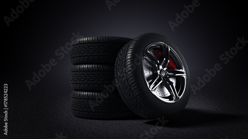 3D illustration of car rim and tyre standing on asphalt