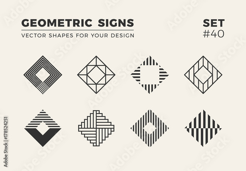 Set of eight minimalistic trendy shapes. Stylish vector logo emblems for Your design. Simple creative geometric signs collection.
