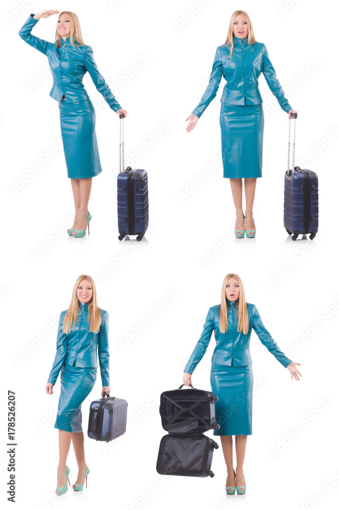 Fototapeta premium Woman preparing for vacation with suitcase on white