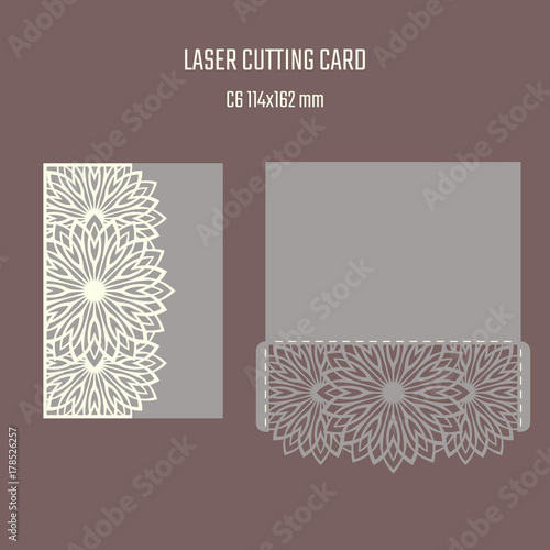 DIY laser cutting vector envelope. Wedding die cut invitation template. Cutout silhouette card. Scrapbook carved paperwork. Floral layout.