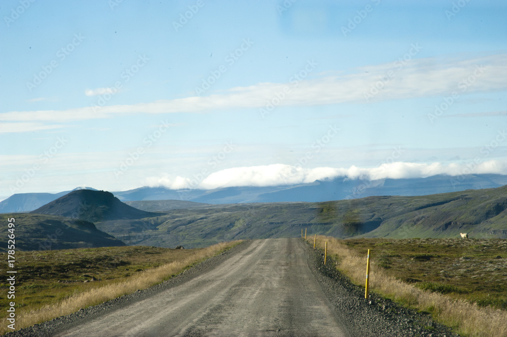 Road in a typical Icelandic landscape, a wild nature of rocks and shrubs, rivers and lakes. Road in a typical Icelandic landscape, a wild nature of rocks and shrubs, rivers and lakes.