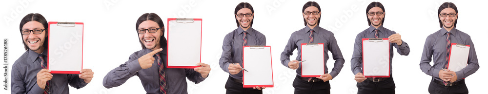 Young businessman with paper isolated on white Young businessman with paper isolated on white