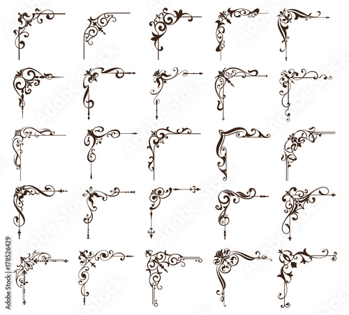 Vintage ornaments design elements floral curlicues white background curbs frame corners stickers