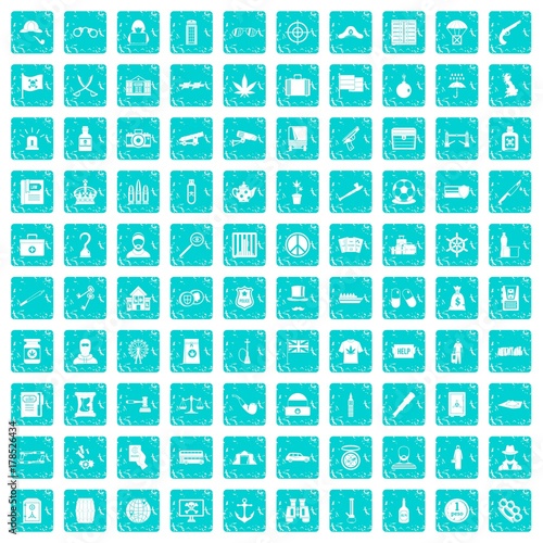 100 offence icons set grunge blue