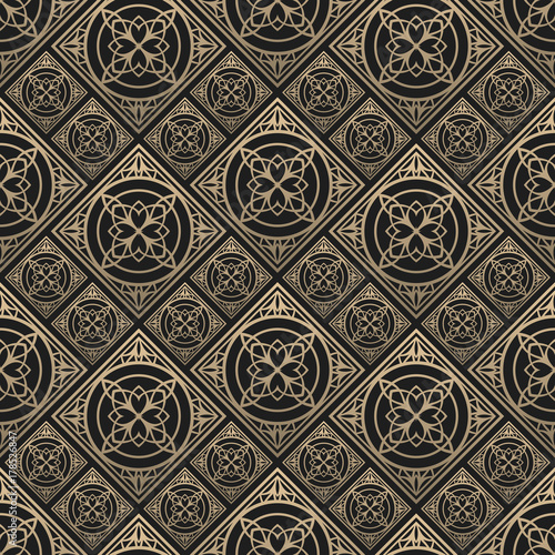 Seamless pattern oriental ornament. Black and golden textile print. Islamic vector design. Floral tiles.