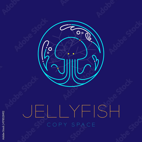 Jellyfish, Water splash, Coral symbol icon outline stroke set dash line design illustration isolated on dark blue background with Jellyfish text and copy space