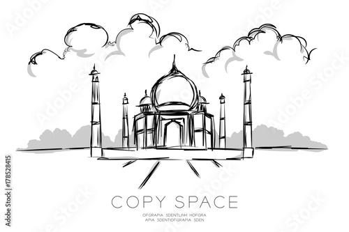 Travel landmark destination set, Taj Mahal hand drawing concept design black and white color illustration isolated on white background