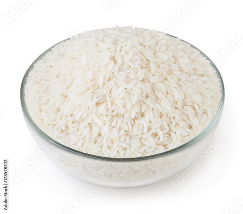 White long-grain jasmine rice in glass bowl isolated on white background with clipping path