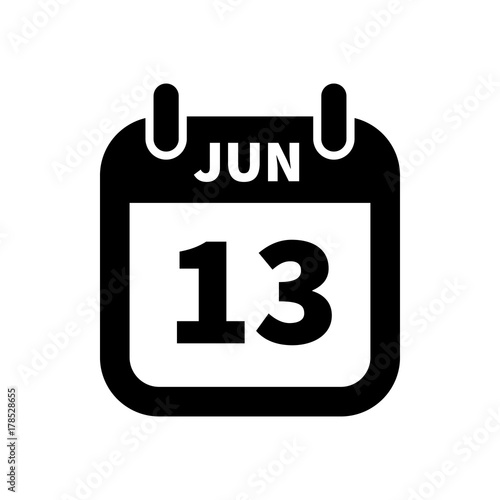 Simple black calendar icon with 13 june date isolated on white