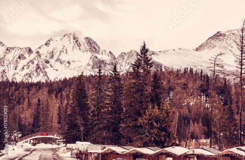 Strbske pleso area, center of winter sports, Slovakia, red filter photo