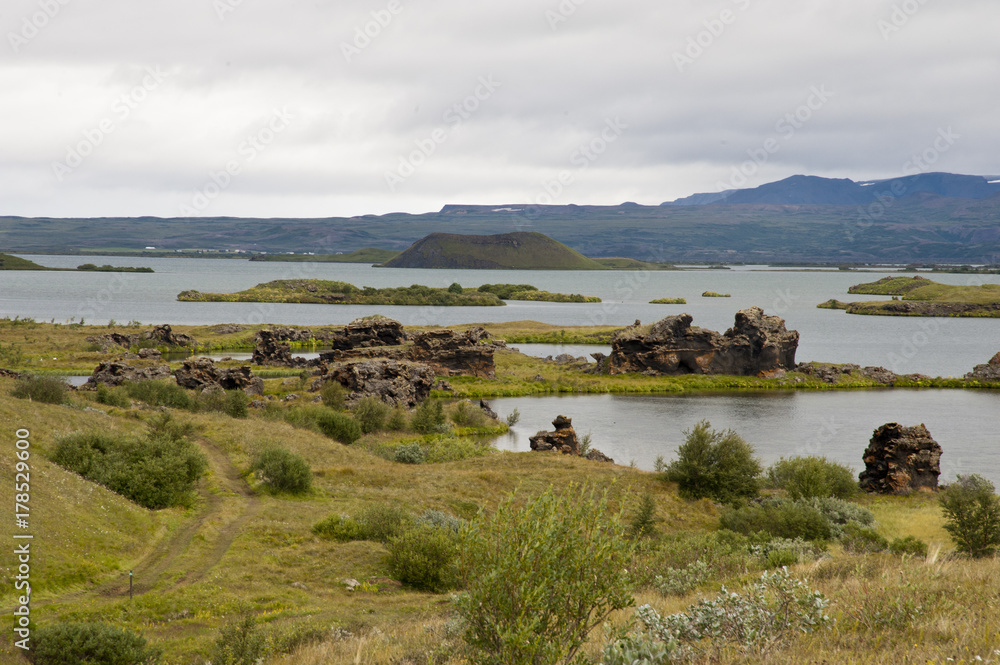 Lake Myvatn, Typical Icelandic landscape, a wild nature of rocks and shrubs, rivers and lakes.