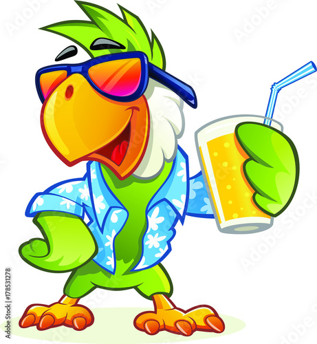 Exotic cartoon parrot with sunglasses holding glass of orange juice