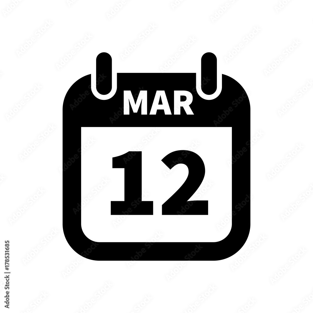 Simple black calendar icon with 12 march date isolated on white Simple black calendar icon with 12 march date isolated on white
