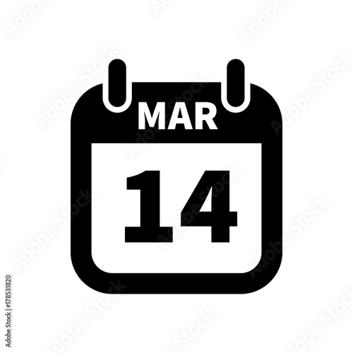 Simple black calendar icon with 14 march date isolated on white