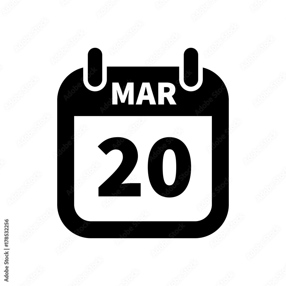Simple black calendar icon with 20 march date isolated on white Simple black calendar icon with 20 march date isolated on white