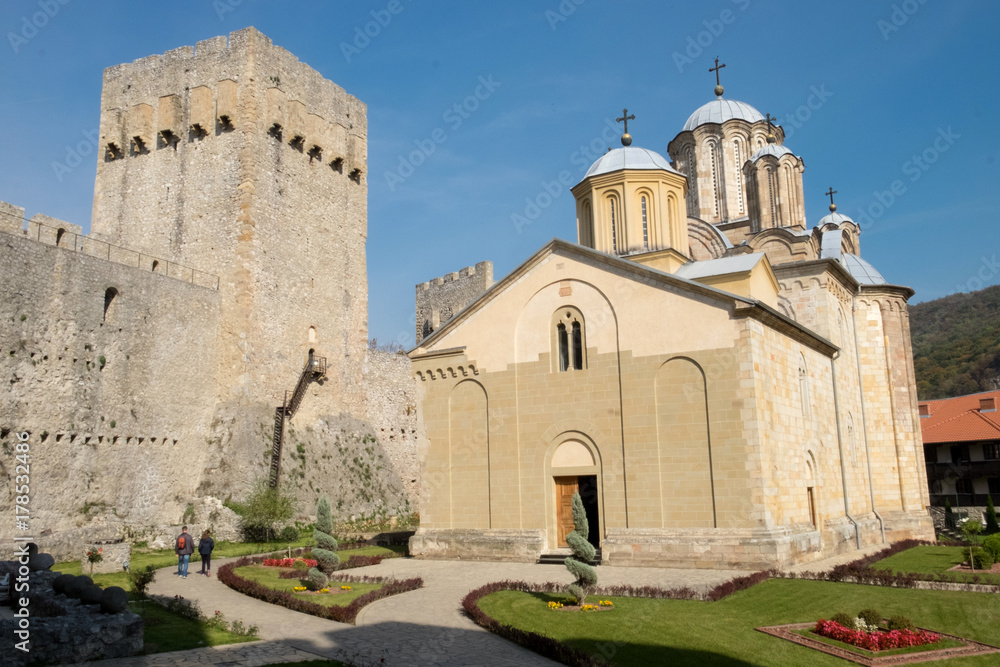 The panorama of medieval orthodox monastery Manasija (Resava) located in Serbia and surrounded by the fortress walls 