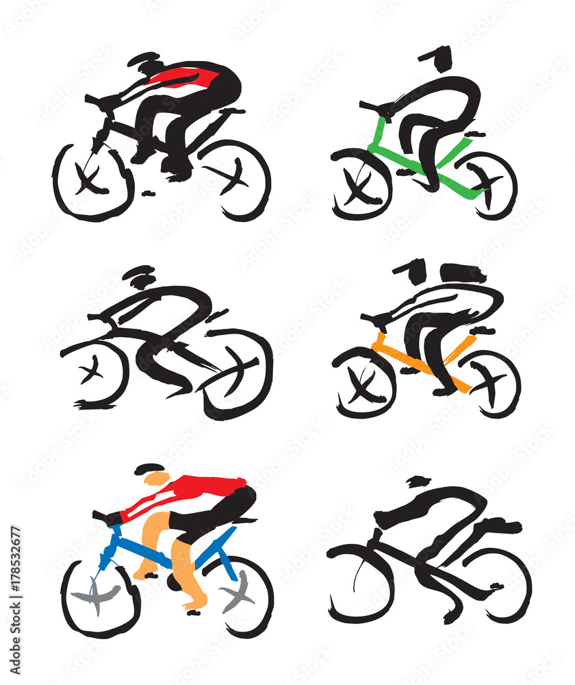 Fototapeta premiumSet of Cyclist ink drawings. Hand drawn expressive icons of cyclist. Vector available. 