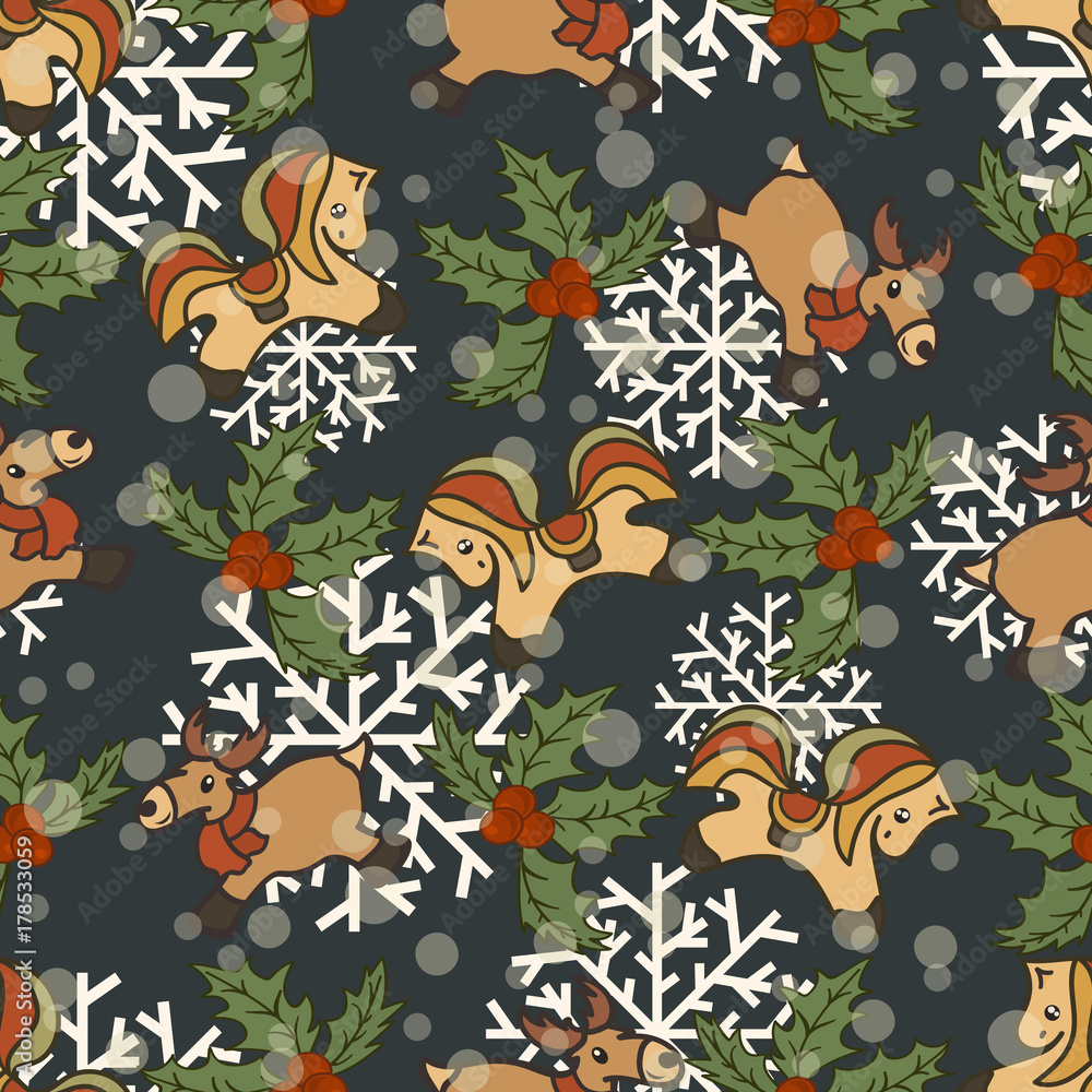 Obraz premium Christmas vector pattern with horse, deer and holly. Toy reindeer in scarf and horse isolated on dark background with snowflake. Merry Christmas and Happy New Year design. Seamless pattern for print.