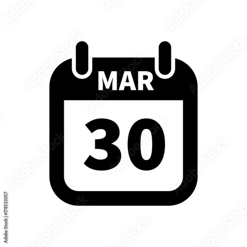 Simple black calendar icon with 30 march date isolated on white