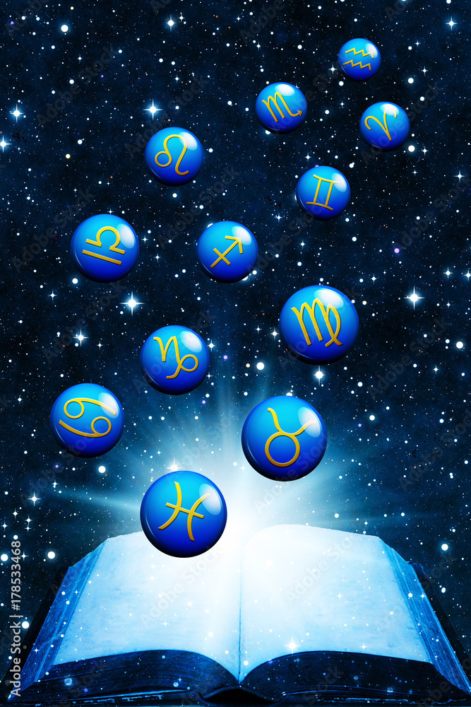 Naklejka premium magic book with zodiac astrology symbols coming out of it over Universe background with stars 