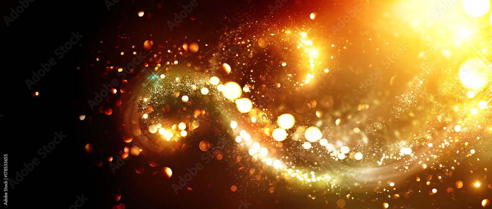 Christmas background. Golden glittering stars swirls over black background - obrazy, fototapety, plakaty 