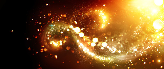 Christmas background. Golden glittering stars swirls over black background