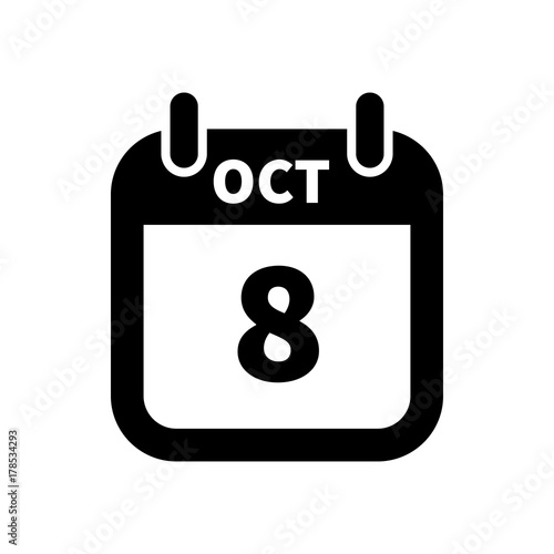 Simple black calendar icon with 8 october date isolated on white