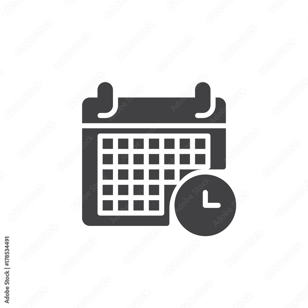 Calendar and clock icon vector, filled flat sign, solid pictogram isolated on white. Time management symbol, logo illustration. Calendar and clock icon vector, filled flat sign, solid pictogram isolated on white. Time management symbol, logo illustration.