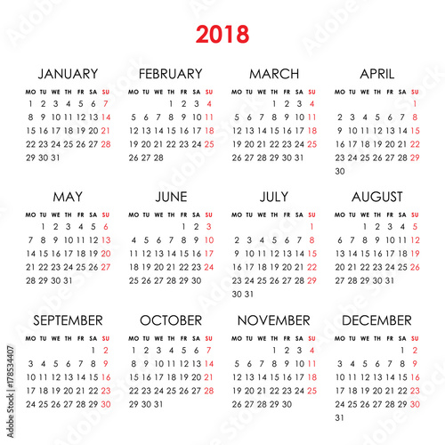 Calendar for 2018 year