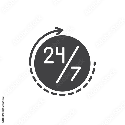 Twenty four seven, 24 hours a day and 7 days a week icon vector, filled flat sign, solid pictogram isolated on white. Time management symbol, logo illustration.