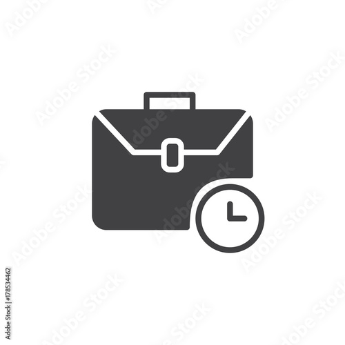 Briefcase with clock icon vector, filled flat sign, solid pictogram isolated on white. Time management symbol, logo illustration