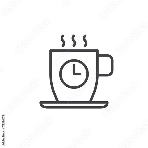 Coffee cup with clock line icon, outline vector sign, linear style pictogram isolated on white. Coffee time symbol, logo illustration. Editable stroke