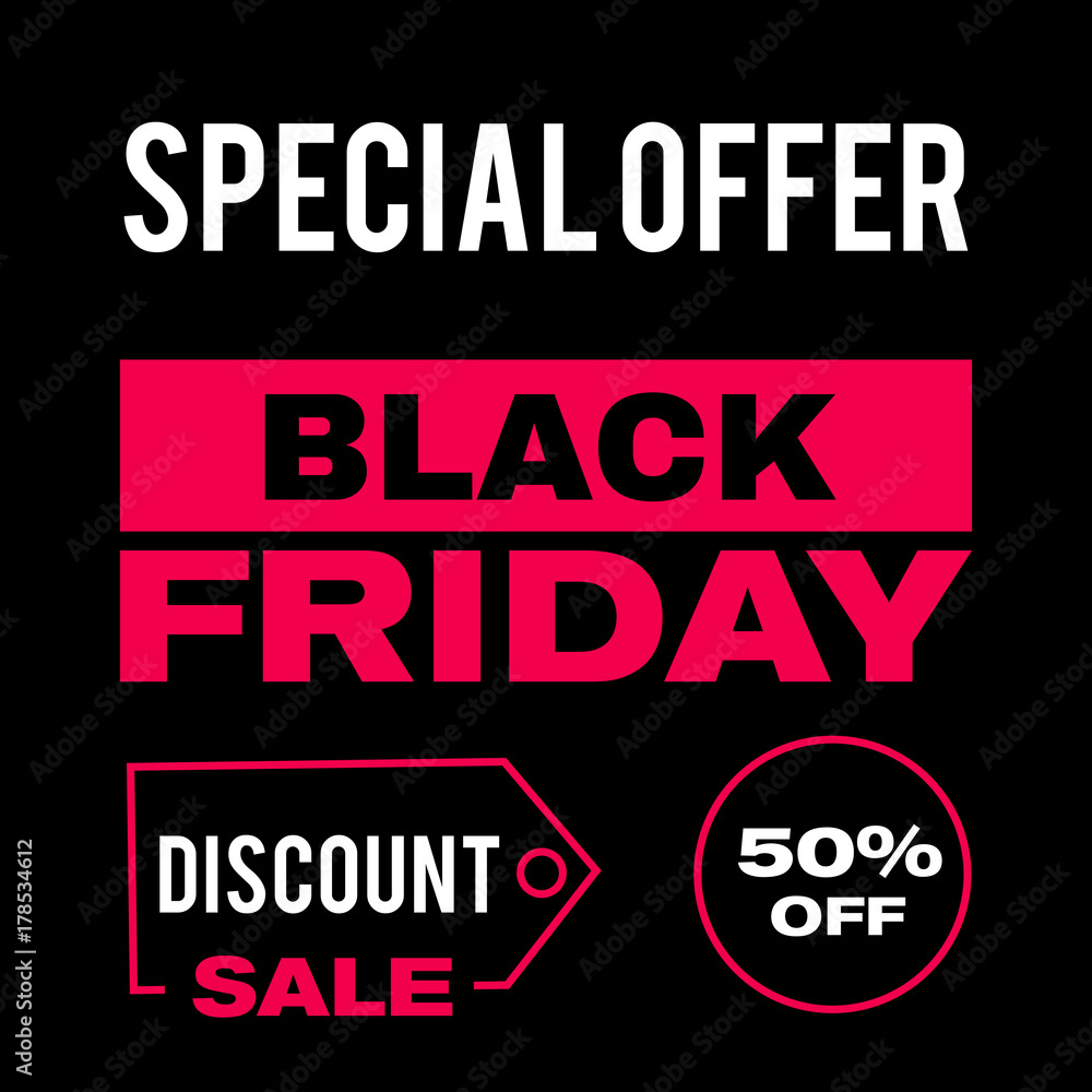 50% off Black friday banner, sale poster, discount price tag, vector offer coupon