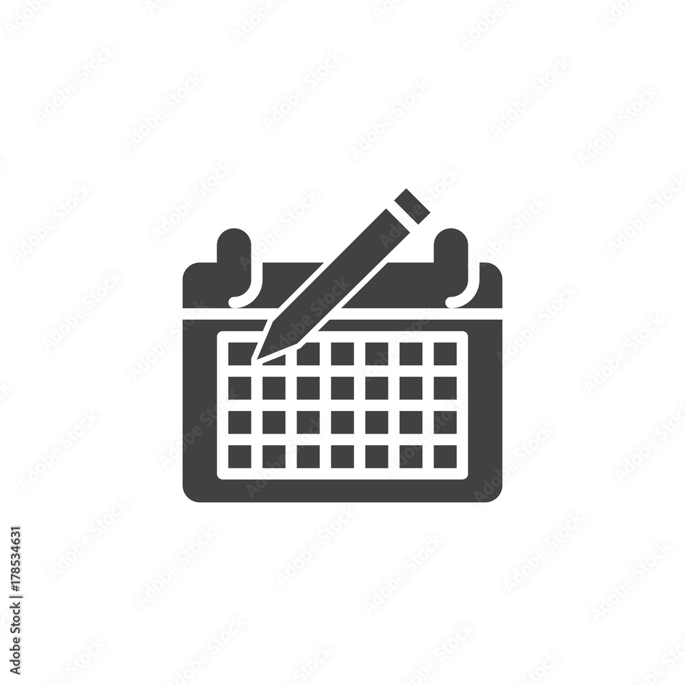 Calendar and pen icon vector, filled flat sign, solid pictogram isolated on white. Time management symbol, logo illustration.